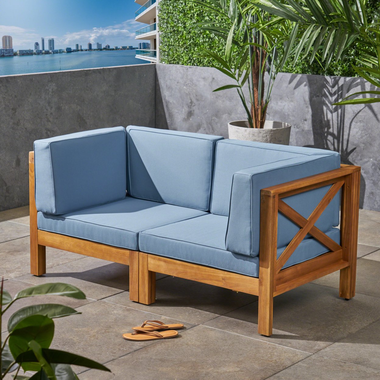 Brava Outdoor Modular Acacia Wood Loveseat With Cushions - Teak Finish + Blue