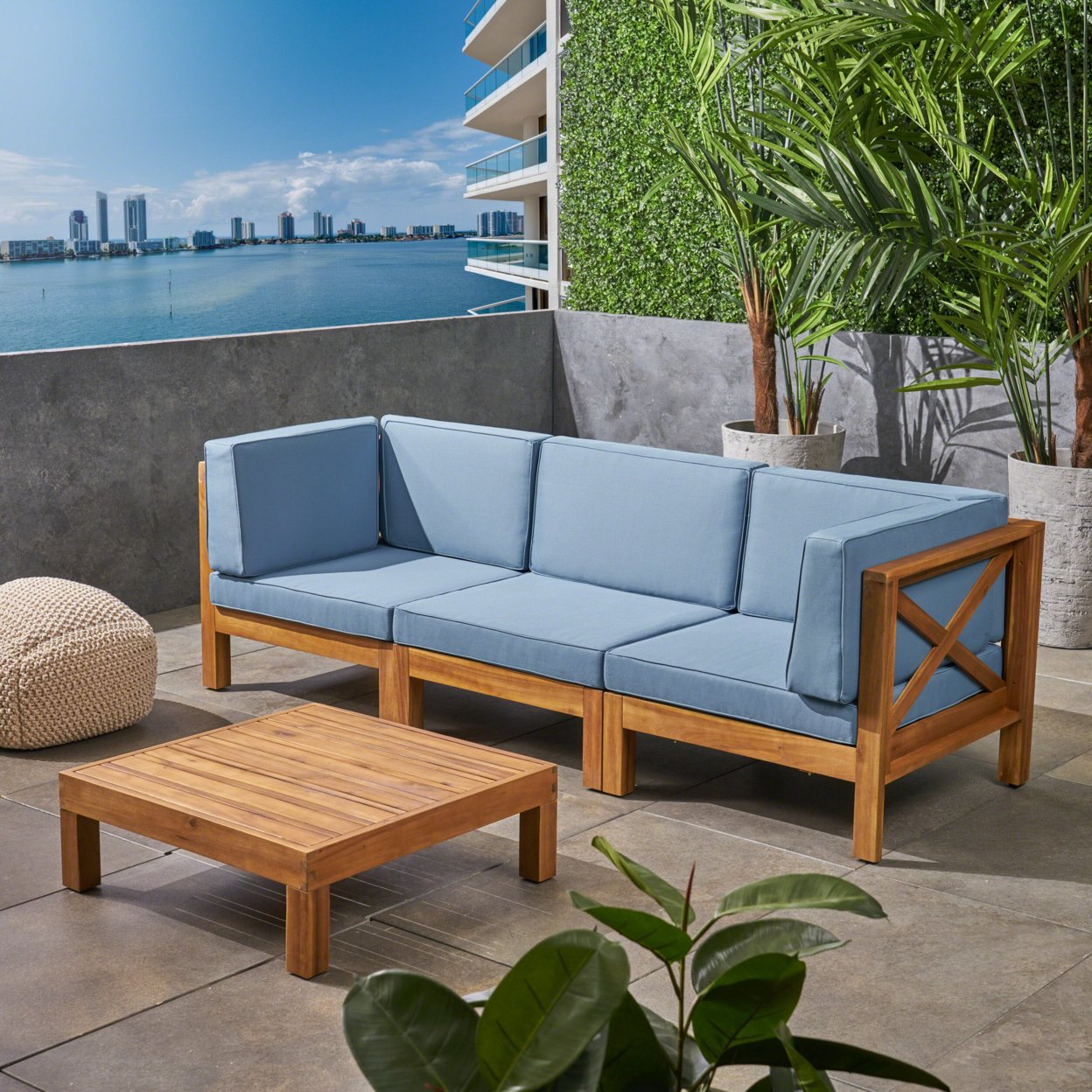 Brava Outdoor Modular Acacia Wood Sofa And Coffee Table Set With Cushions - Teak Finish + Blue