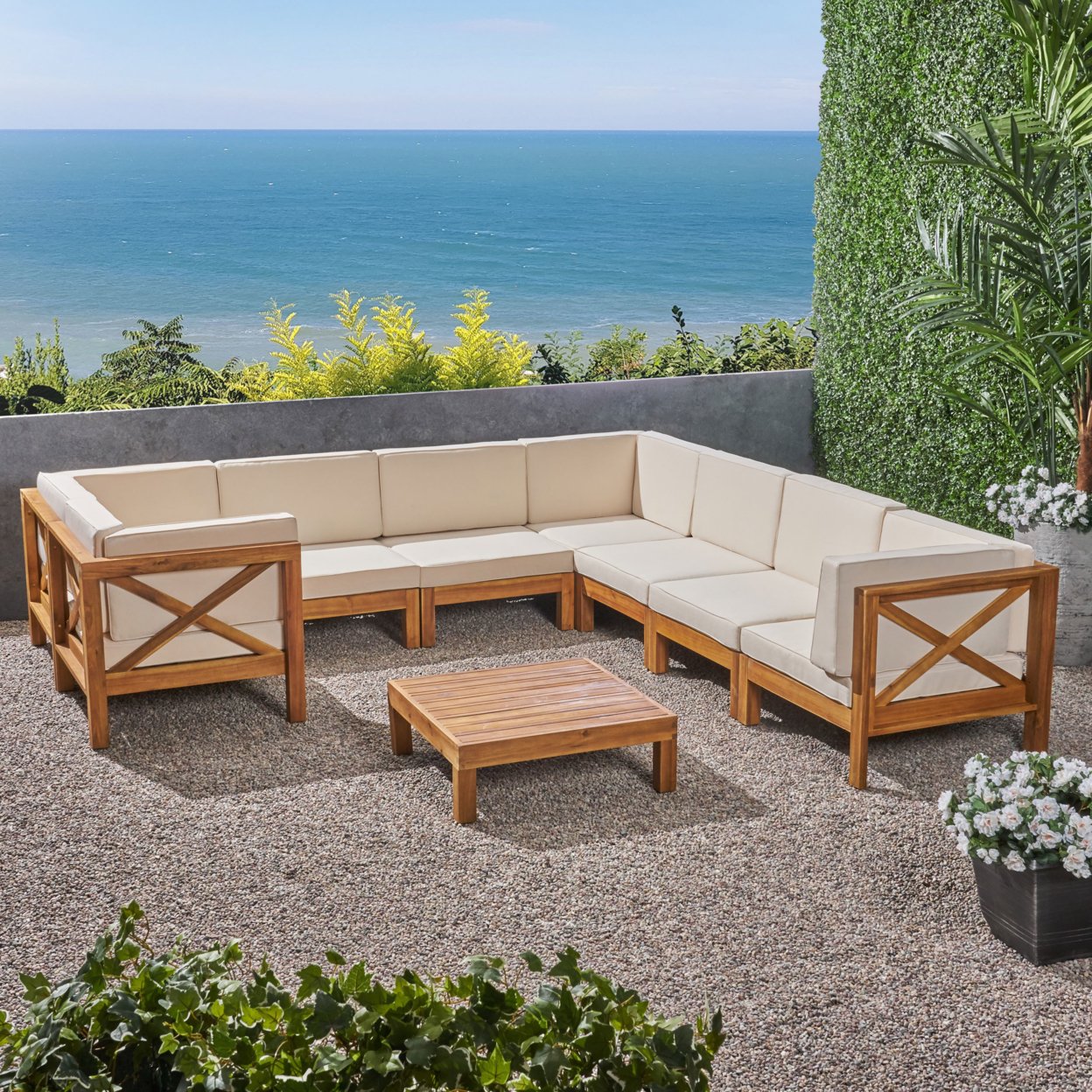 Brava Outdoor Acacia Wood 8 Seater U-Shaped Sectional Sofa Set With Coffee Table - Beige