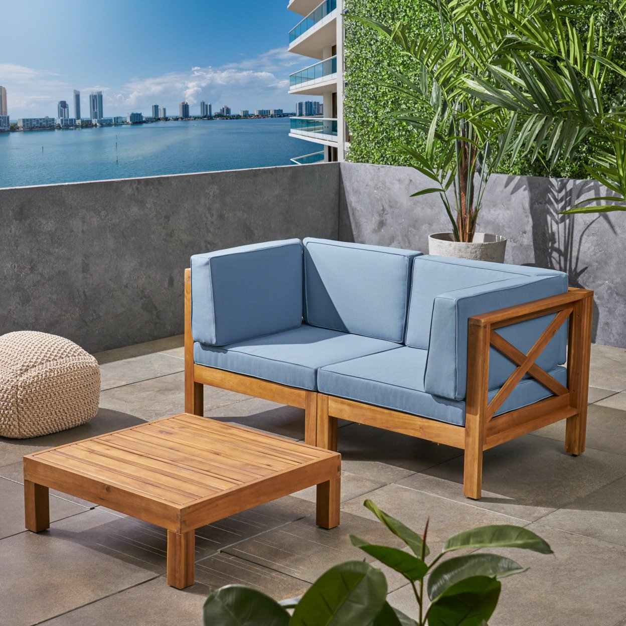 Brava Outdoor Modular Acacia Wood Sofa With Cushions And Coffee Table Set - Teak Finish + Blue