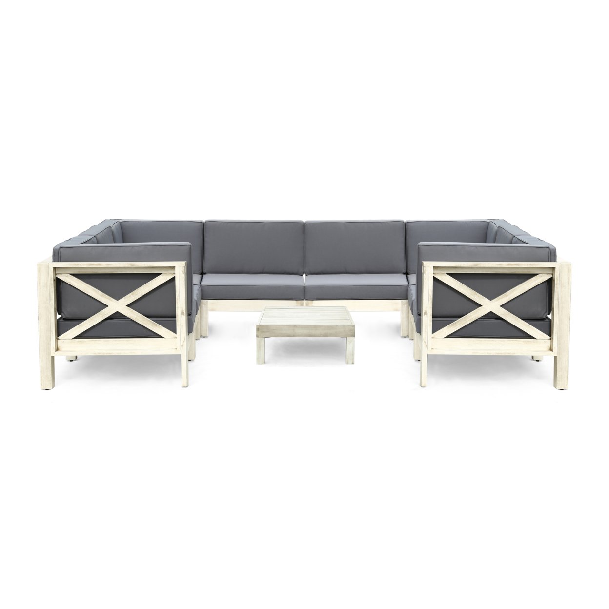 Brava Outdoor Acacia Wood 8 Seater U-Shaped Sectional Sofa Set With Coffee Table - Dark Gray