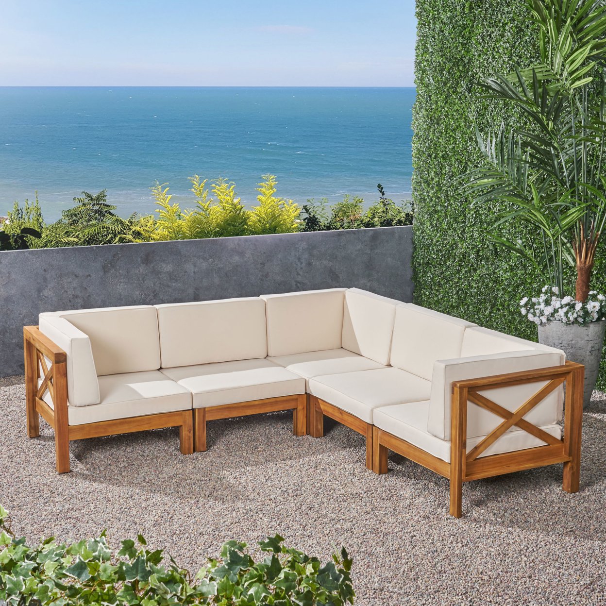 Brava Outdoor Acacia Wood 5 Seater Sectional Sofa Set With Water-Resistant Cushions - Teak Finish + Beige