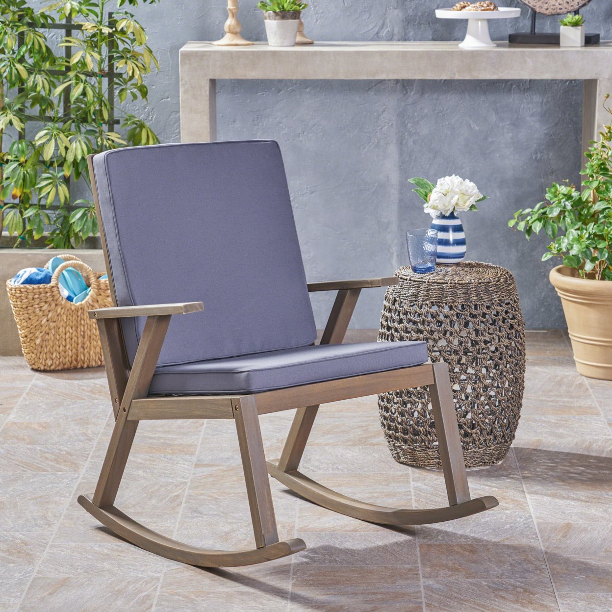 Brent Outdoor Acacia Wood Rocking Chair - Gray