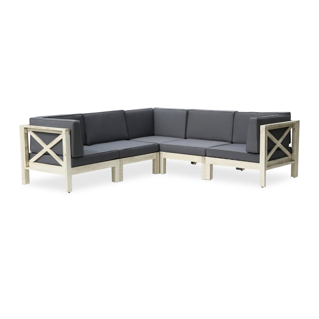 Brava Outdoor Acacia Wood 5 Seater Sectional Sofa Set With Water-Resistant Cushions - Weathered Gray + Dark Gray