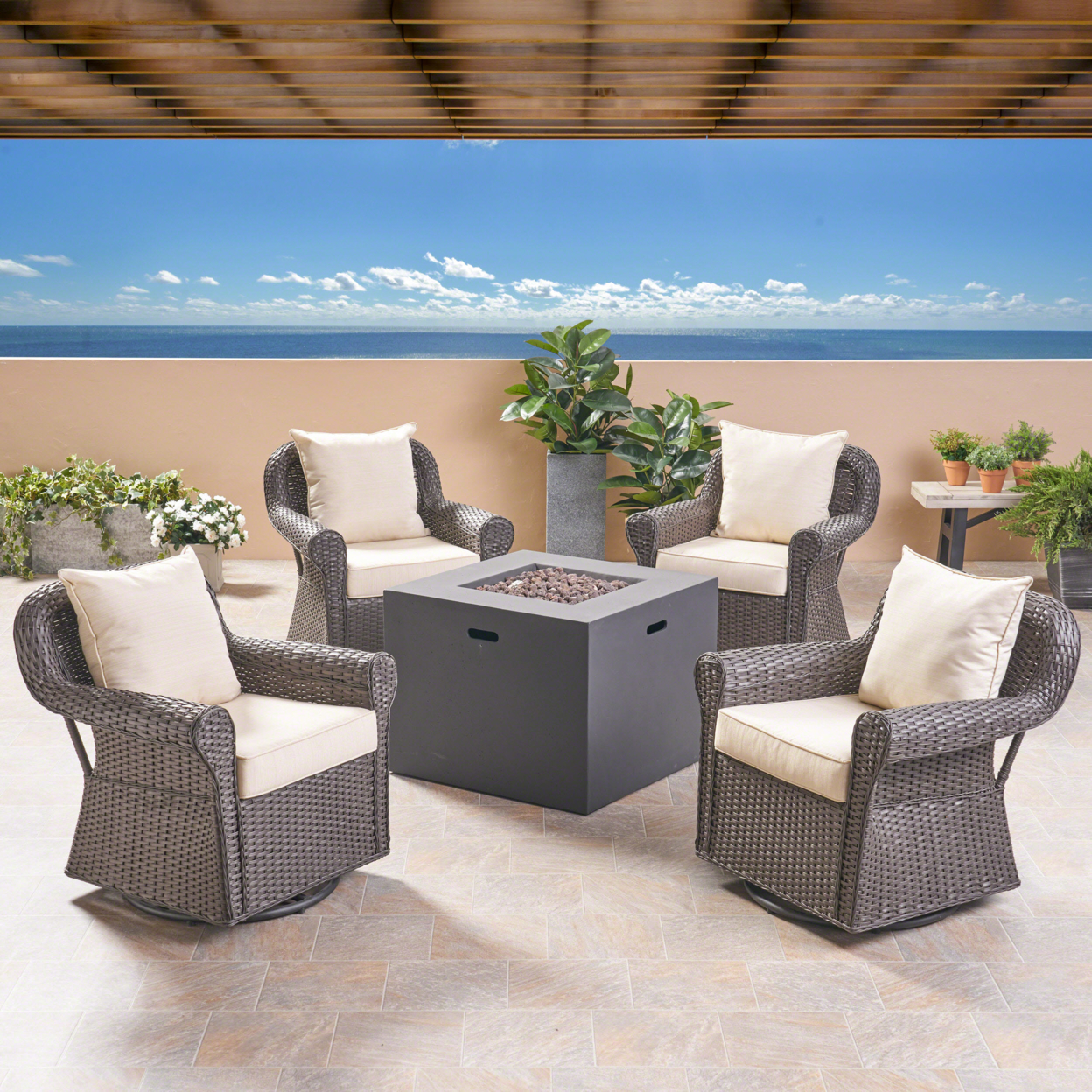 Bryson Outdoor 4 Piece Swivel Club Chair Set With Square Fire Pit - Light Gray