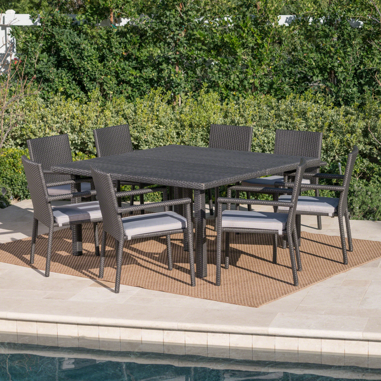 Bunny Outdoor 9 Piece Wicker Dining Set With Water Resistant Cushions - Gray/Silver