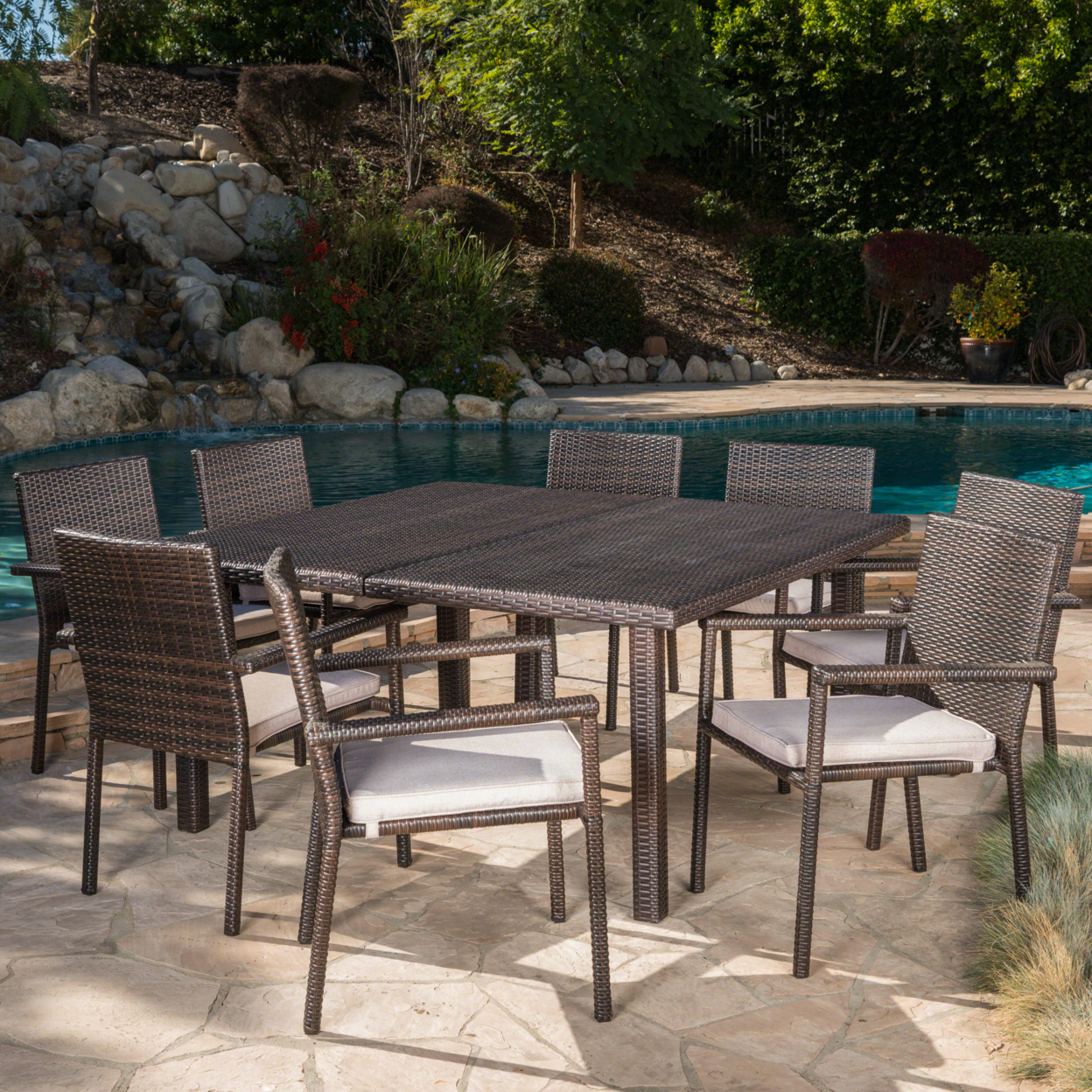 Bunny Outdoor 9 Piece Wicker Dining Set With Water Resistant Cushions - Gray/Silver