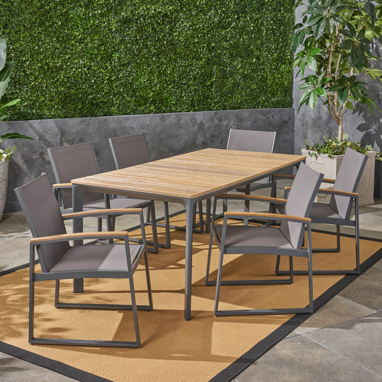 Buster Outdoor 7 Piece Aluminum And Mesh Dining Set With Wood Top - Wicker