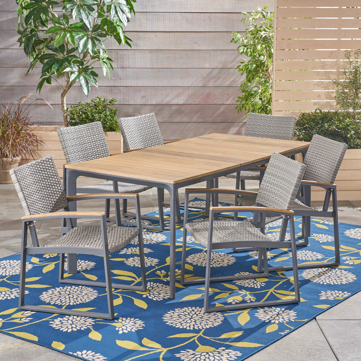 Buster Outdoor 7 Piece Aluminum And Mesh Dining Set With Wood Top - Wicker
