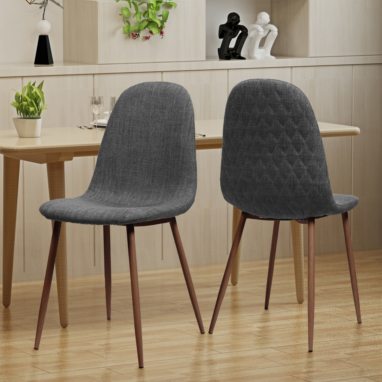 Camden Mid Century Fabric Dining Chairs With Wood Finished Legs - Set Of 2 - Wheat/Dark Walnut