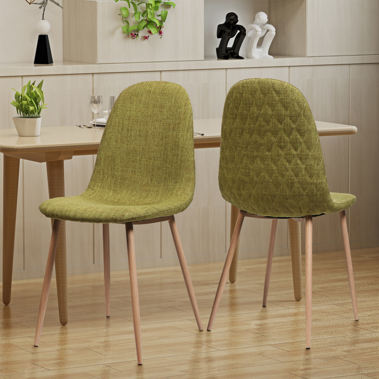 Camden Mid Century Fabric Dining Chairs With Wood Finished Legs - Set Of 2 - Green/Light Walnut