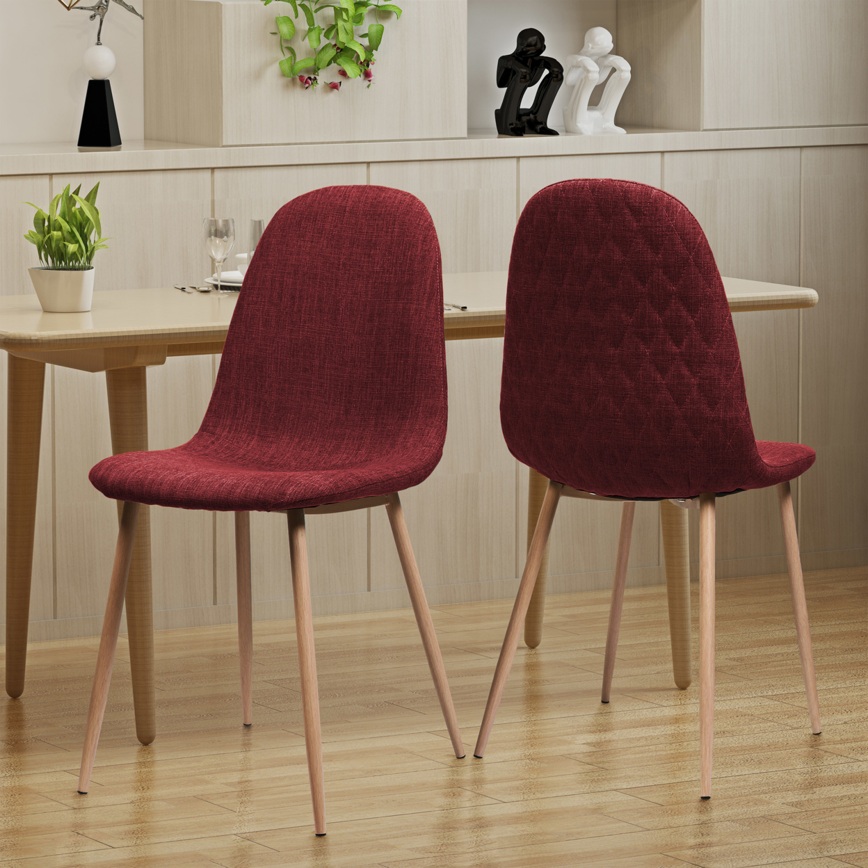 Camden Mid Century Fabric Dining Chairs With Wood Finished Legs - Set Of 2 - Red/Light Walnut