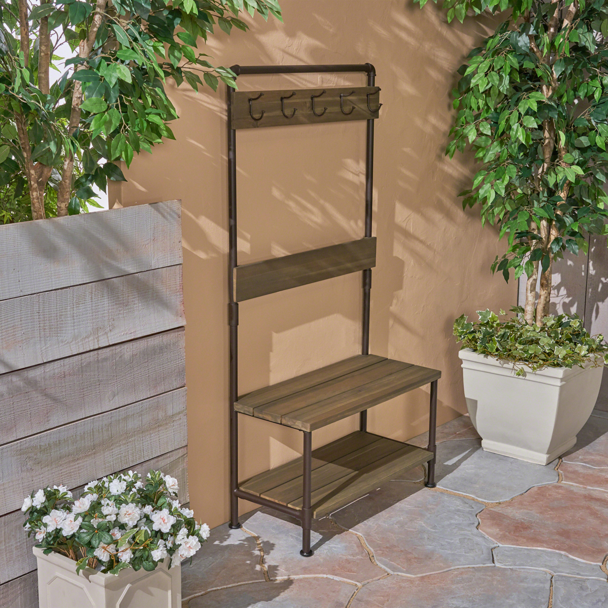 Carlos Outdoor Industrial Acacia And Iron Bench With Shelf And Coat Hooks - Teak Finish