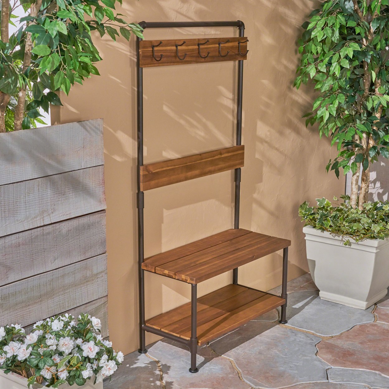 Carlos Outdoor Industrial Acacia And Iron Bench With Shelf And Coat Hooks - Gray Finish