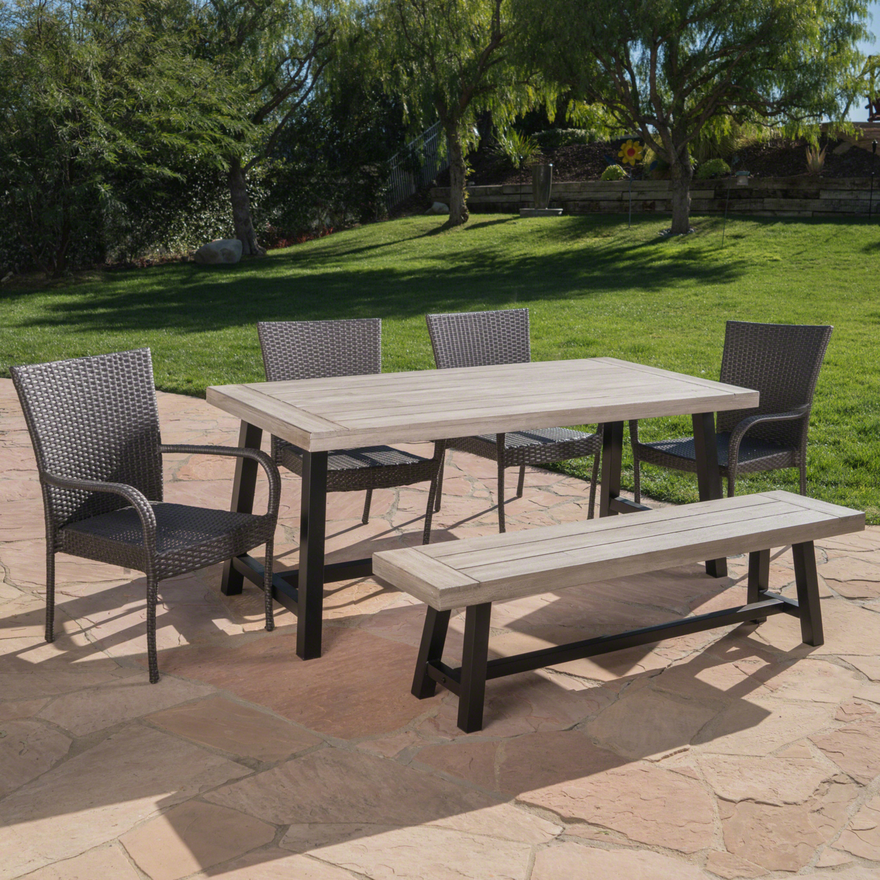 Cecilia Outdoor 6 Piece Stacking Wicker Dining Set With Acacia Wood Table And Bench - Gray/Light Gray