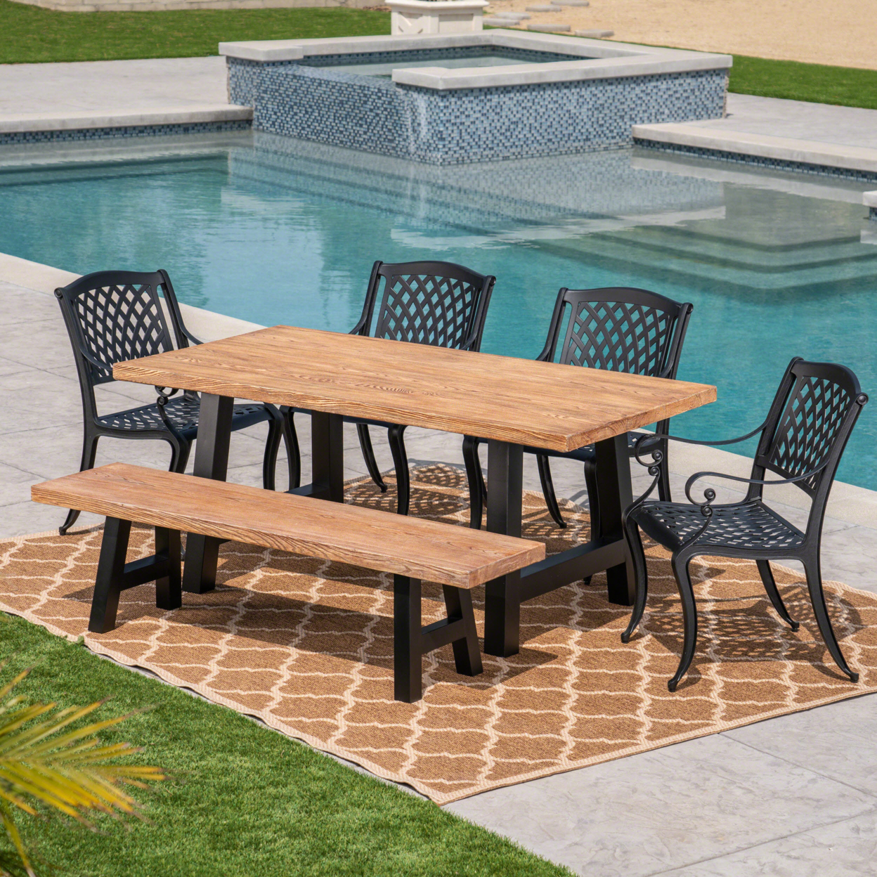 Chris Outdoor 6 Piece Black Sand Aluminum Dining Set With Light Weight Concrete Table And Bench - Natural Oak
