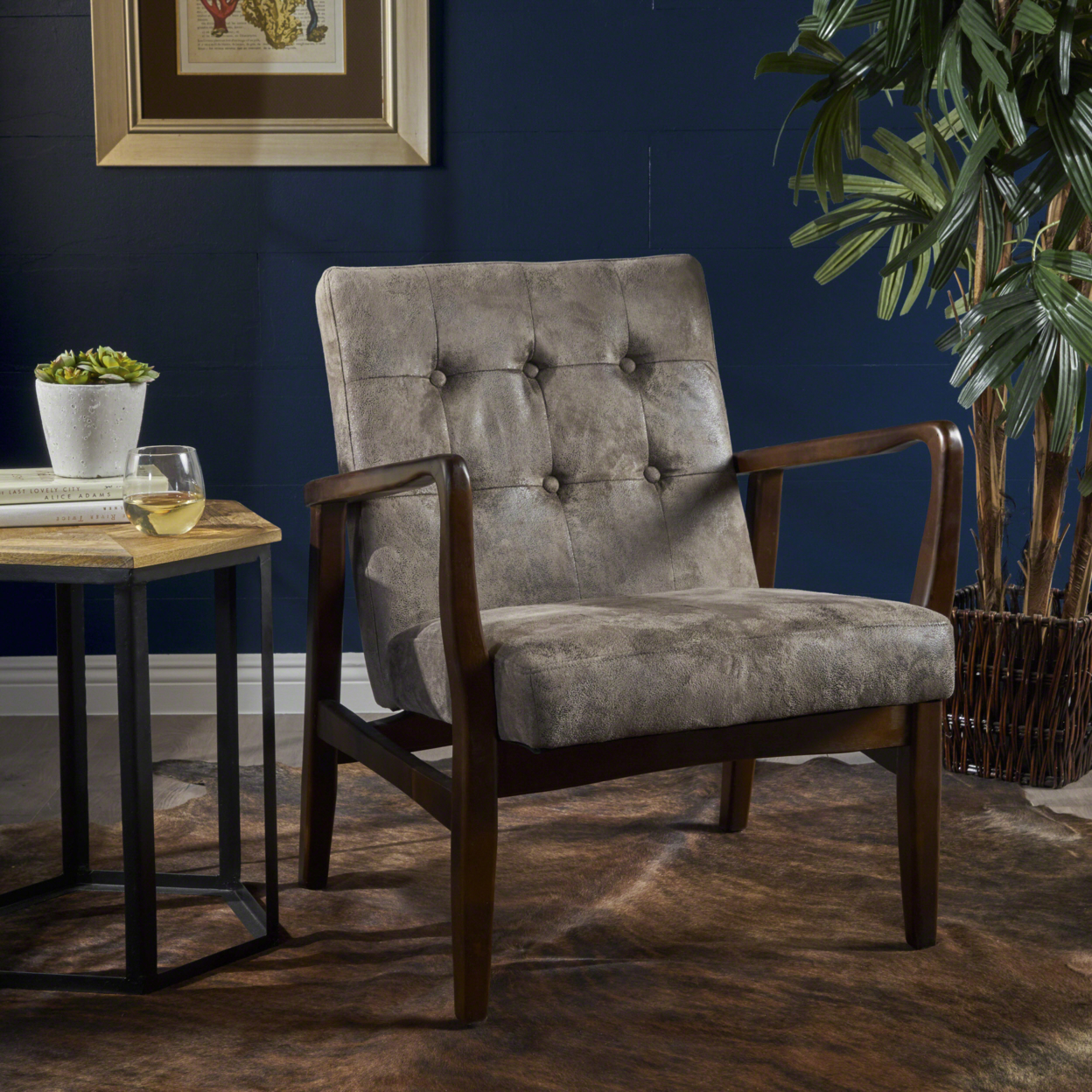 Conrad Mid Century Modern Microfiber Club Chair With Wood Frame - Slate/Dark Espresso