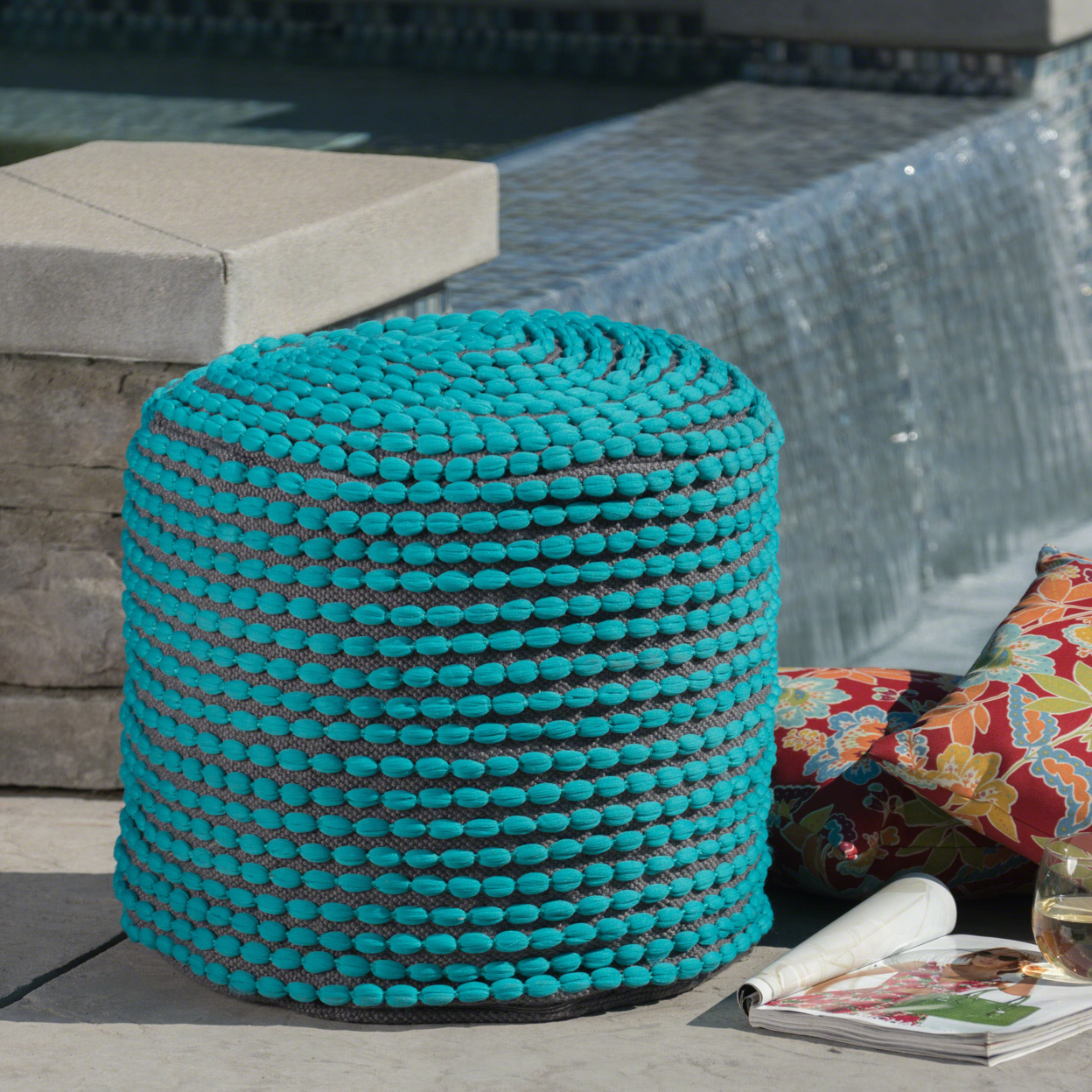 Collier Outdoor Turquoise Fabric Round Pouf Ottoman - White