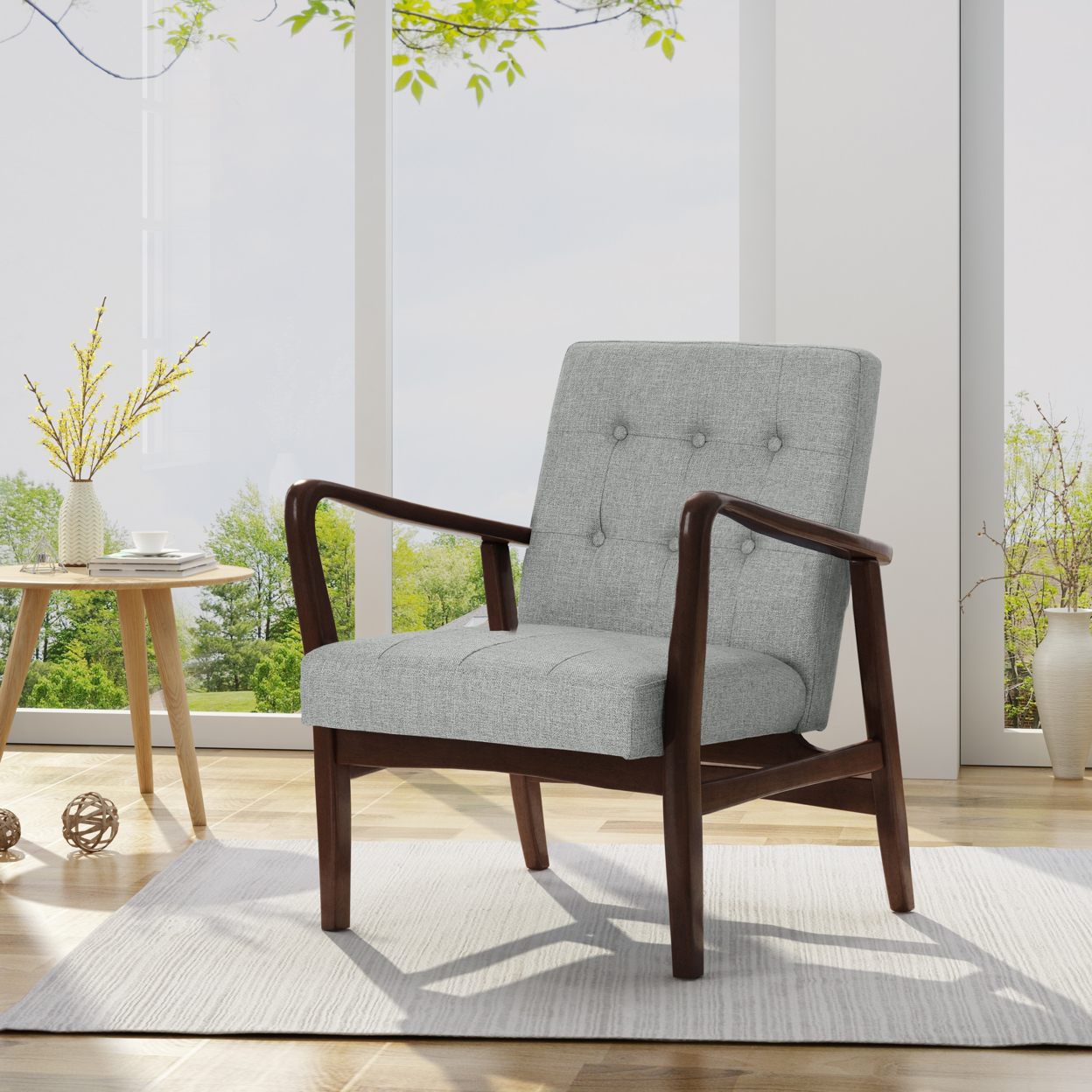 Conrad Mid Century Modern Fabric Club Chair With Wood Frame - Cement Heathered Tweed