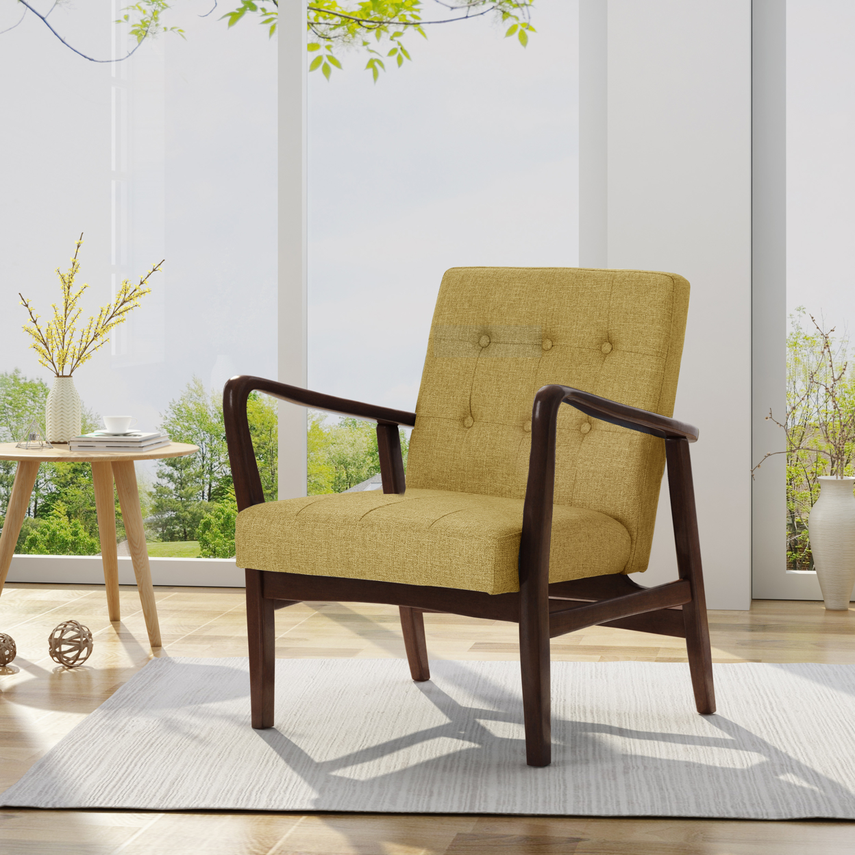 Conrad Mid Century Modern Fabric Club Chair With Wood Frame - Mustard