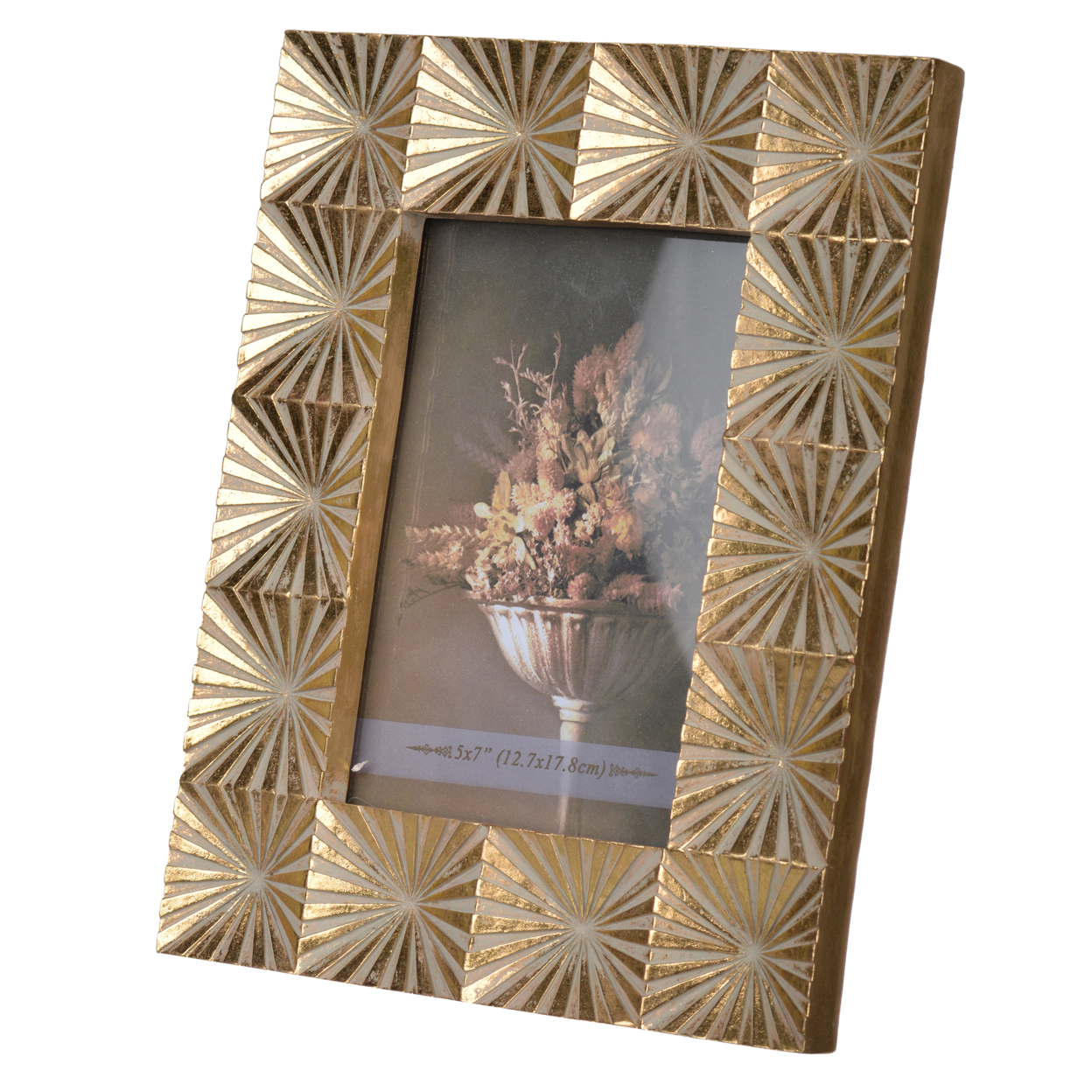 Rectangular Shaped Polyresin Photo Frame With Mirror And Pyramid Like Design , Gold- Saltoro Sherpi