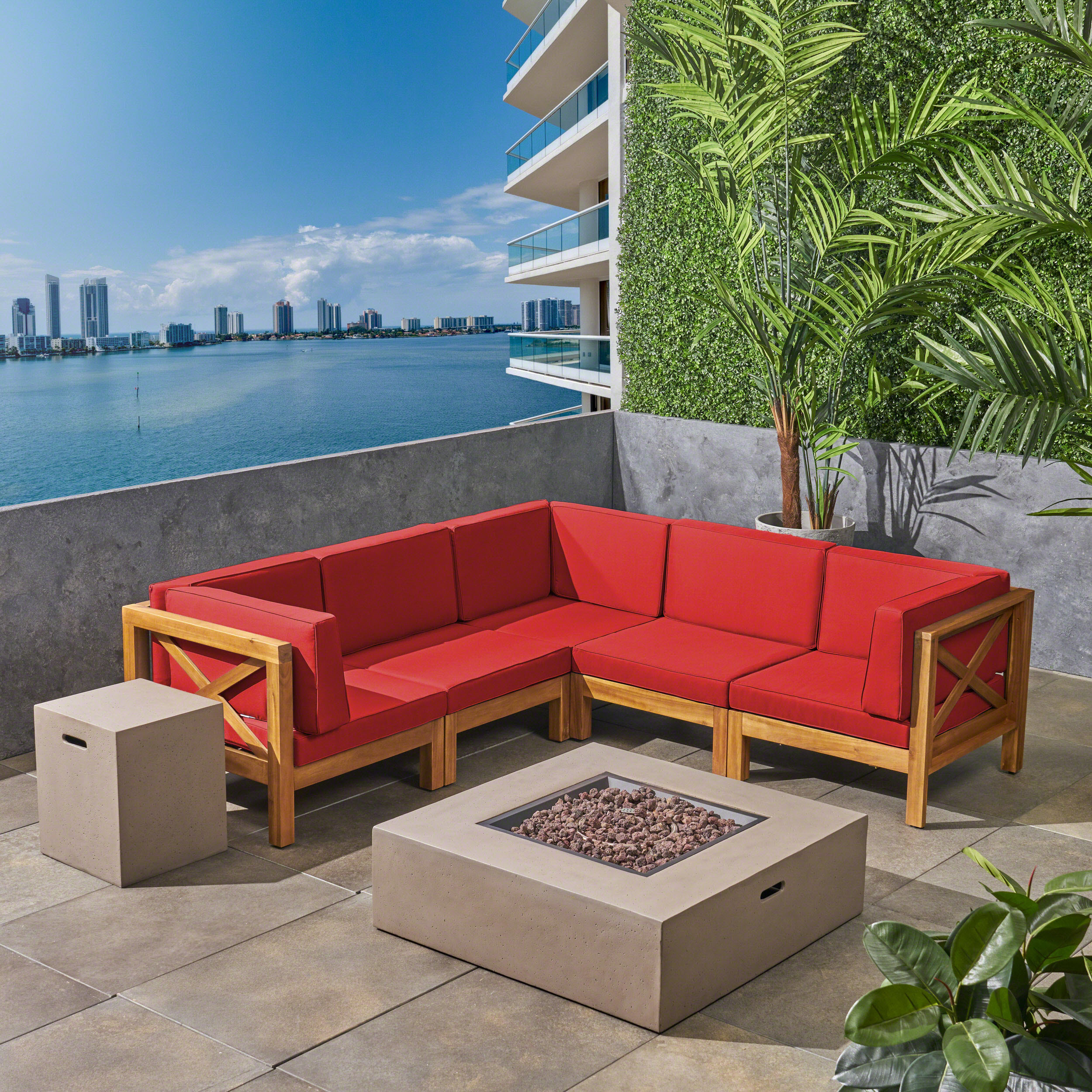 Cytheria Outdoor Acacia Wood 5 Seater Sectional Sofa Set With Fire Pit - Red
