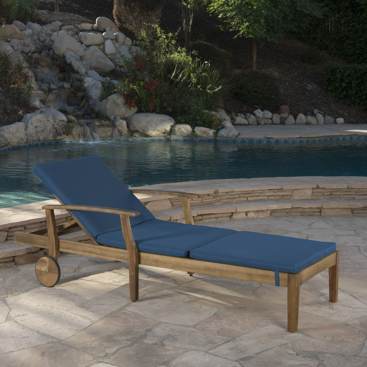 Daisy Outdoor Teak Finish Chaise Lounge With Water Resistant Cushion - Blue, Single