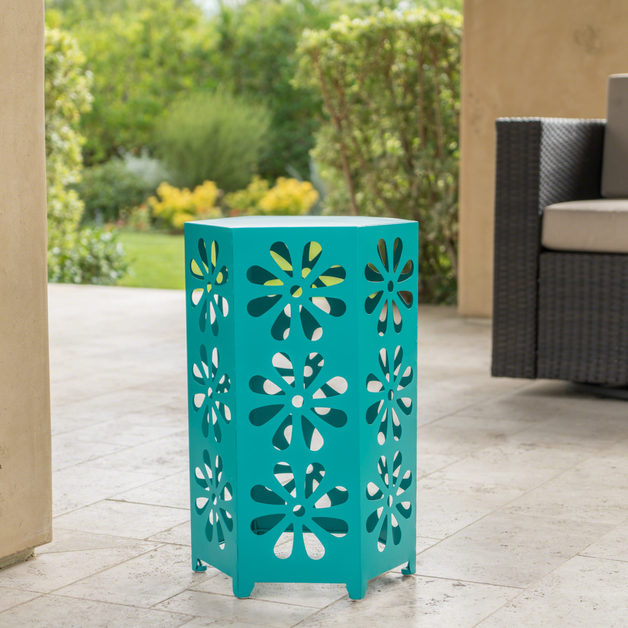 Danbury Outdoor 14 Inch Iron Floral Side Table - Matte Blue