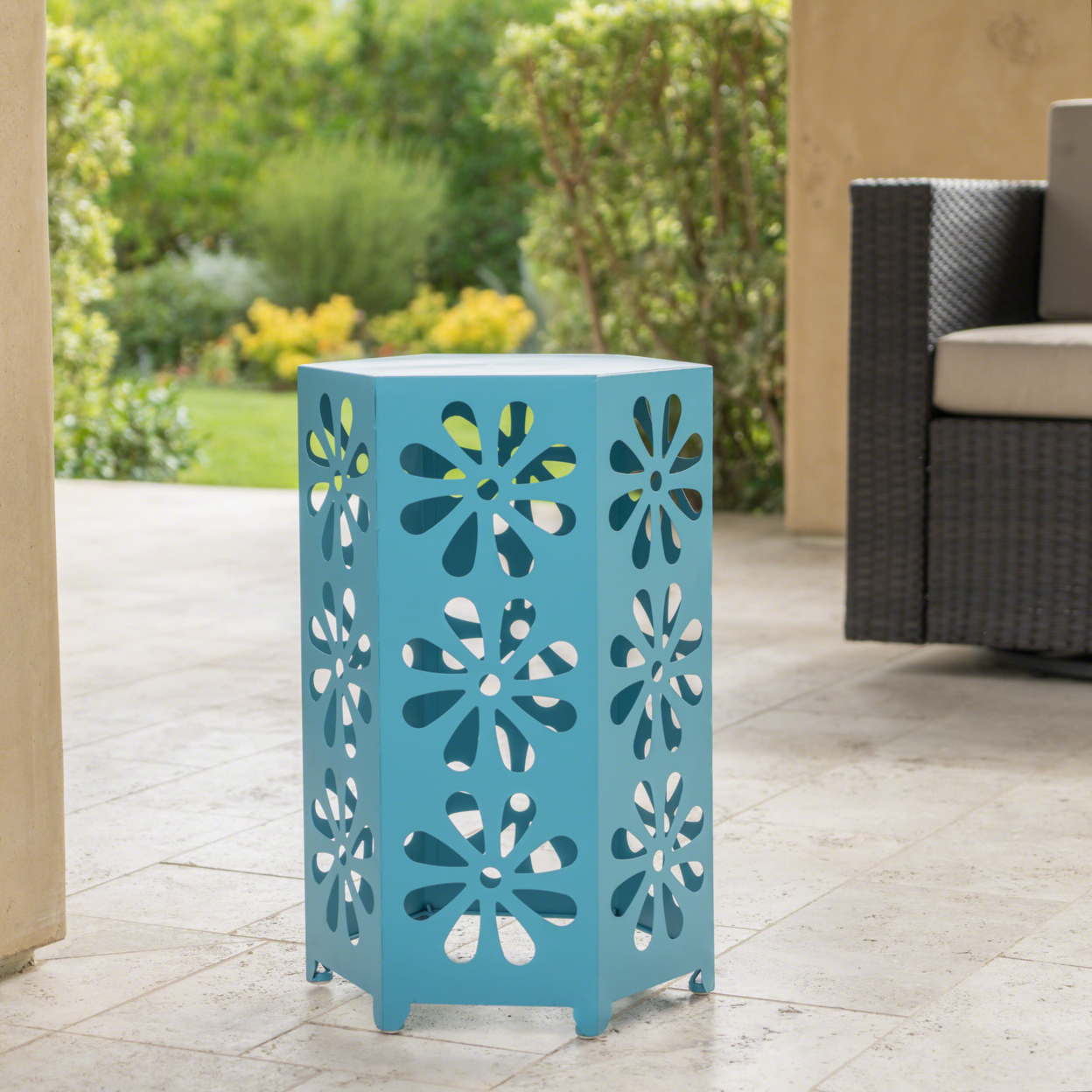 Danbury Outdoor 14 Inch Iron Floral Side Table - Matte Blue