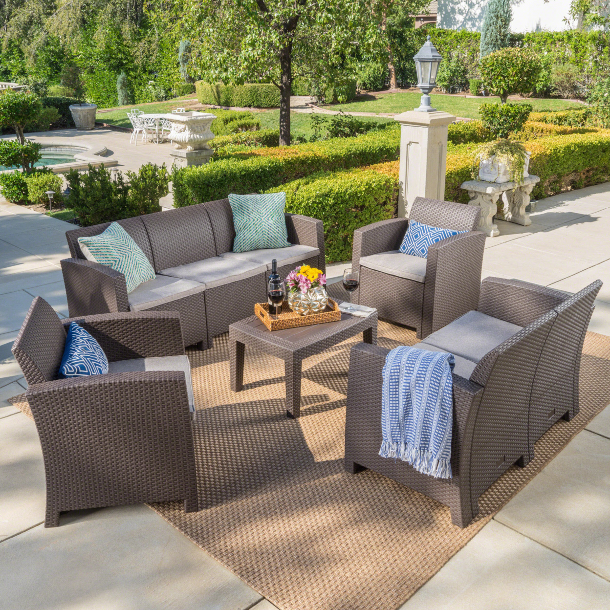 Dayton Outdoor 5 Piece Faux Wicker Rattan Chat Set With Sofa And Water Resistant Cushions - Brown/Mix Beige