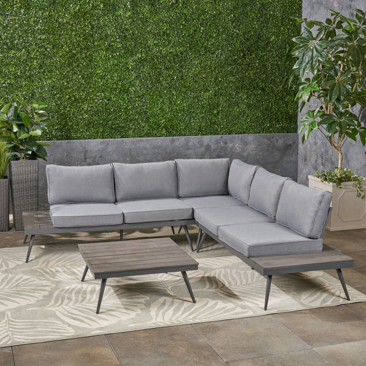 Deborah Outdoor Wood And Aluminum V-Shaped 5 Seater Sofa Set - Natural