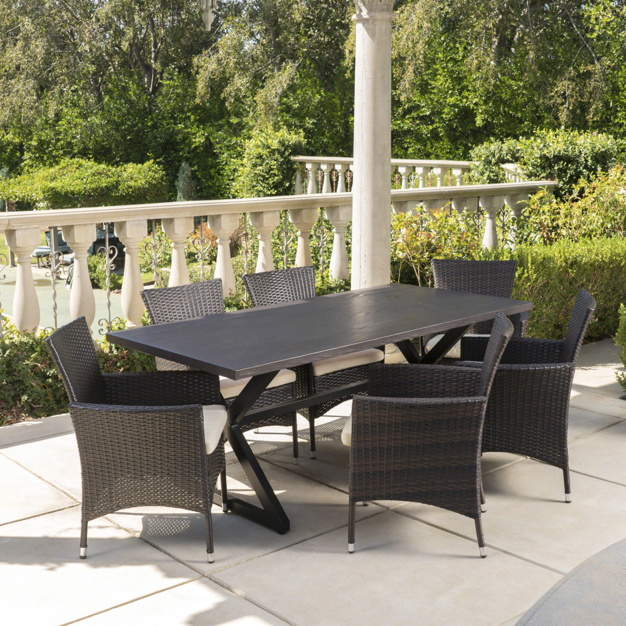 Dionlynn Outdoor 7 Piece Aluminum Dining Set with Wicker Dining Chairs - Brown/Multi-brown