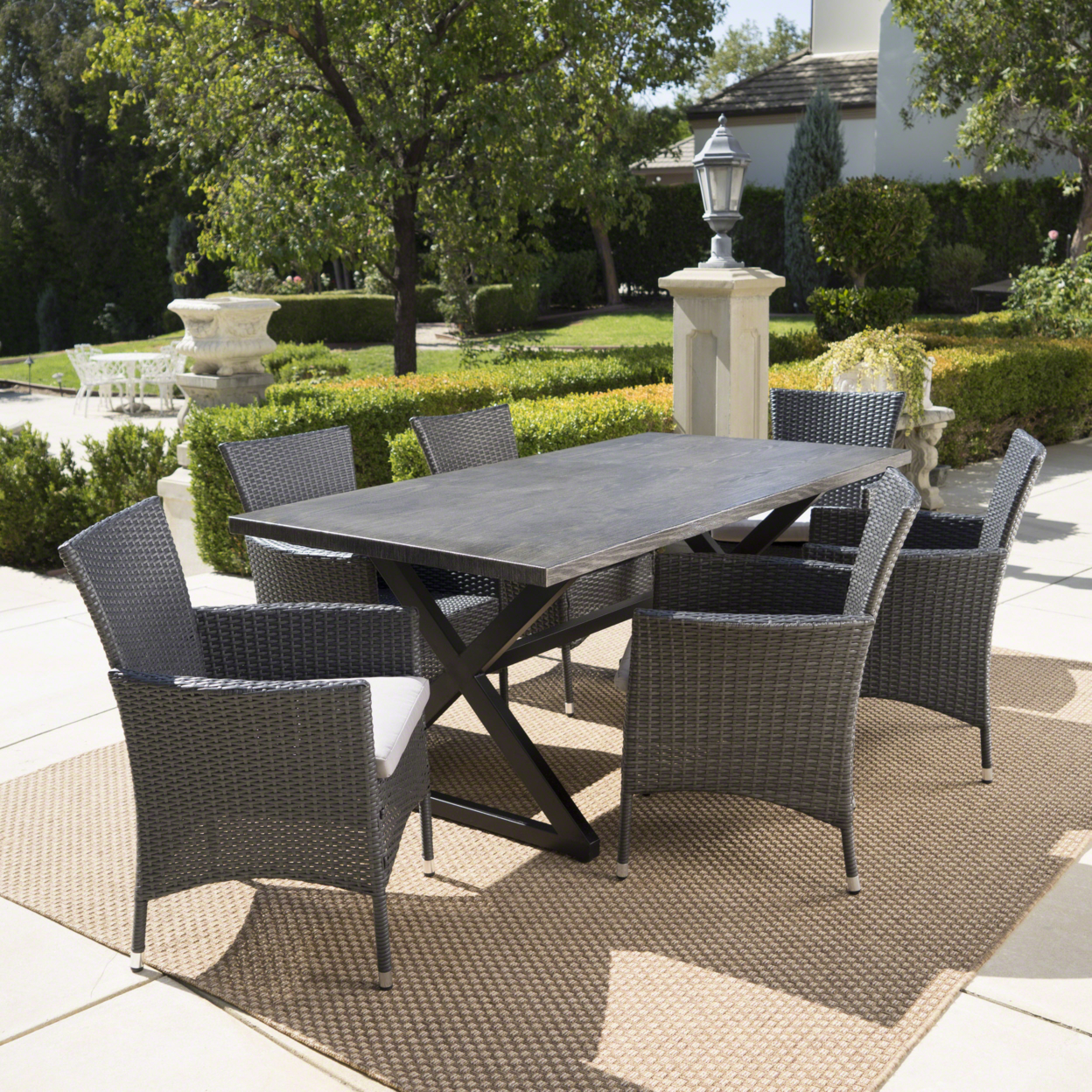 Dionlynn Outdoor 7 Piece Aluminum Dining Set With Wicker Dining Chairs - Brown/Multi-brown