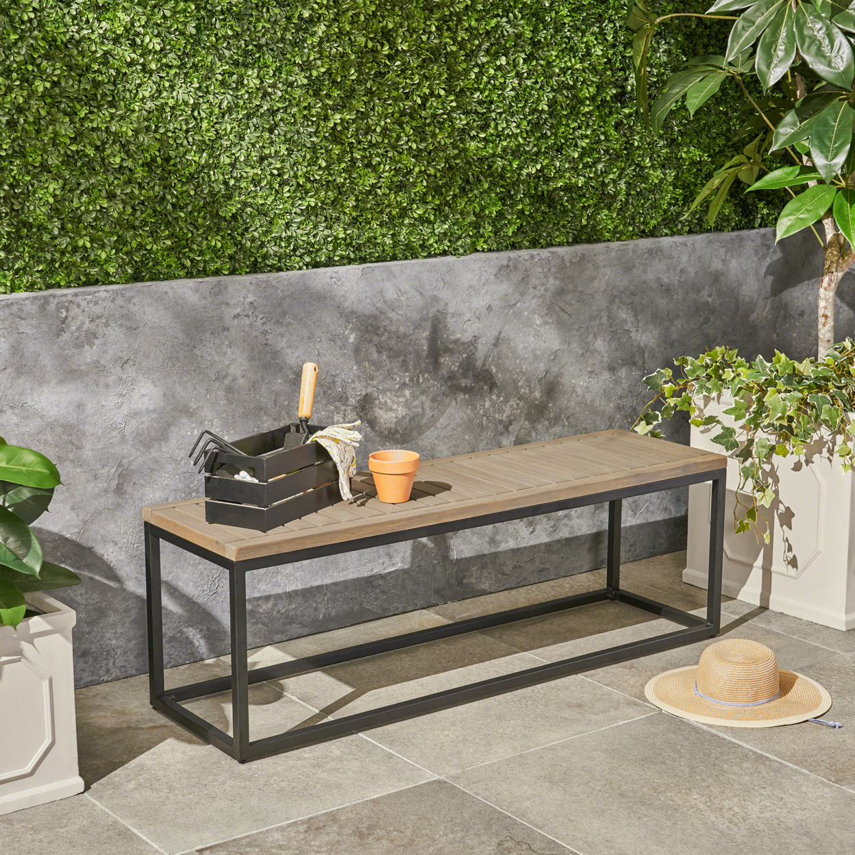 Drew Outdoor Industrial Acacia Wood And Iron Bench - Grey