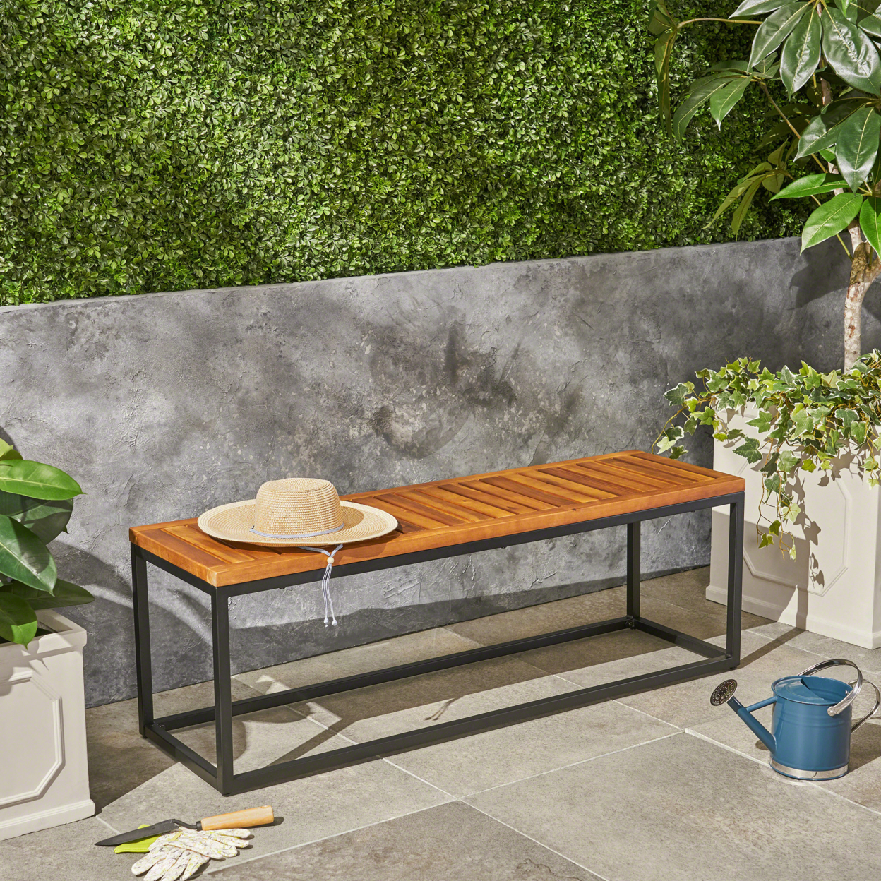 Drew Outdoor Industrial Acacia Wood And Iron Bench - Teak