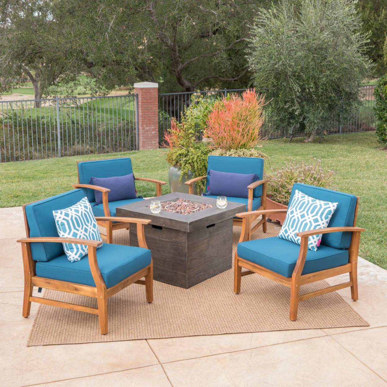 Easter Outdoor 4 Seat Teak Finished Acacia Wood Club Chairs Fire Pit Chat Set - Blue