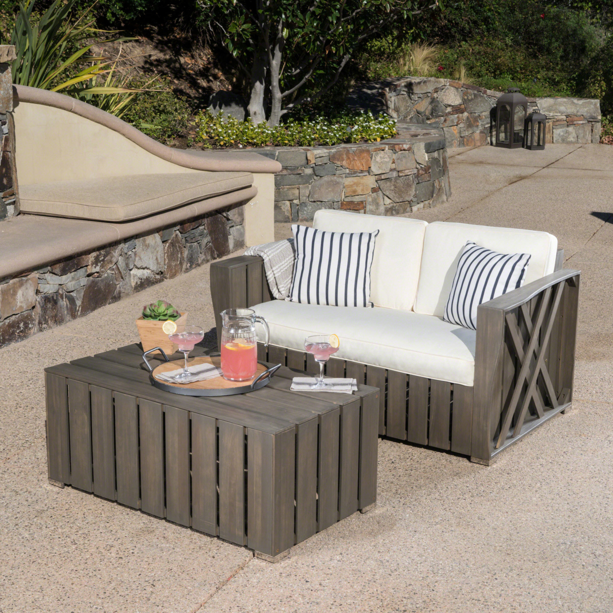 Edward Outdoor Acacia Wood Loveseat And Coffee Table Set With Cushions - Gray/Gray