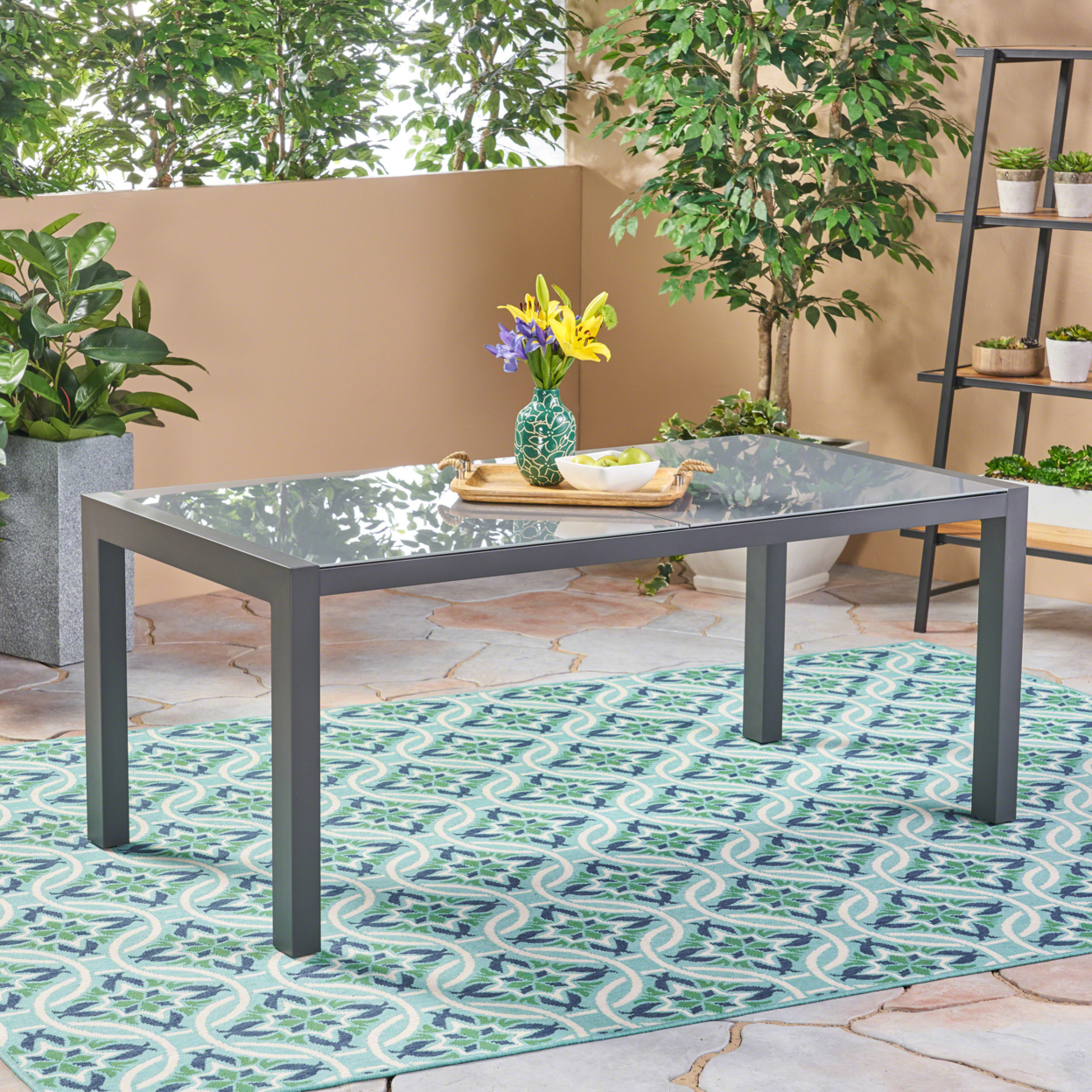 Eli Outdoor Tempered Glass Dining Table With Aluminum Frame - Gray