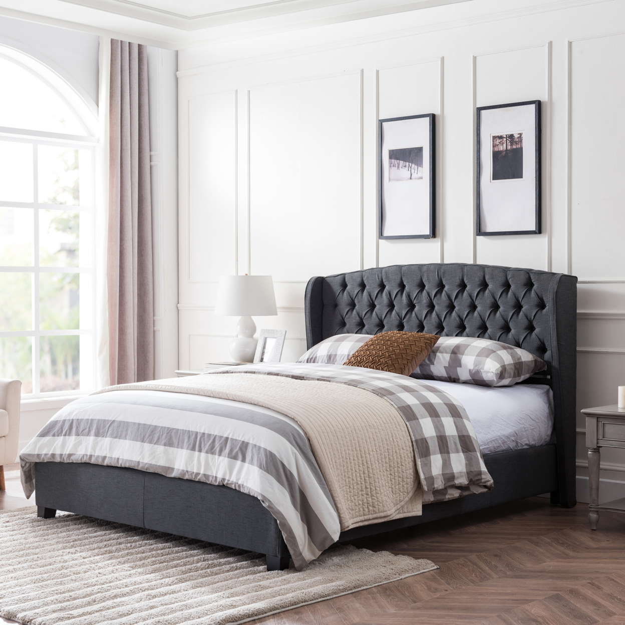 Elizabeth Fully-Upholstered King-Size Platform Bed Frame, Low-Profile, Contemporary - Light Gray