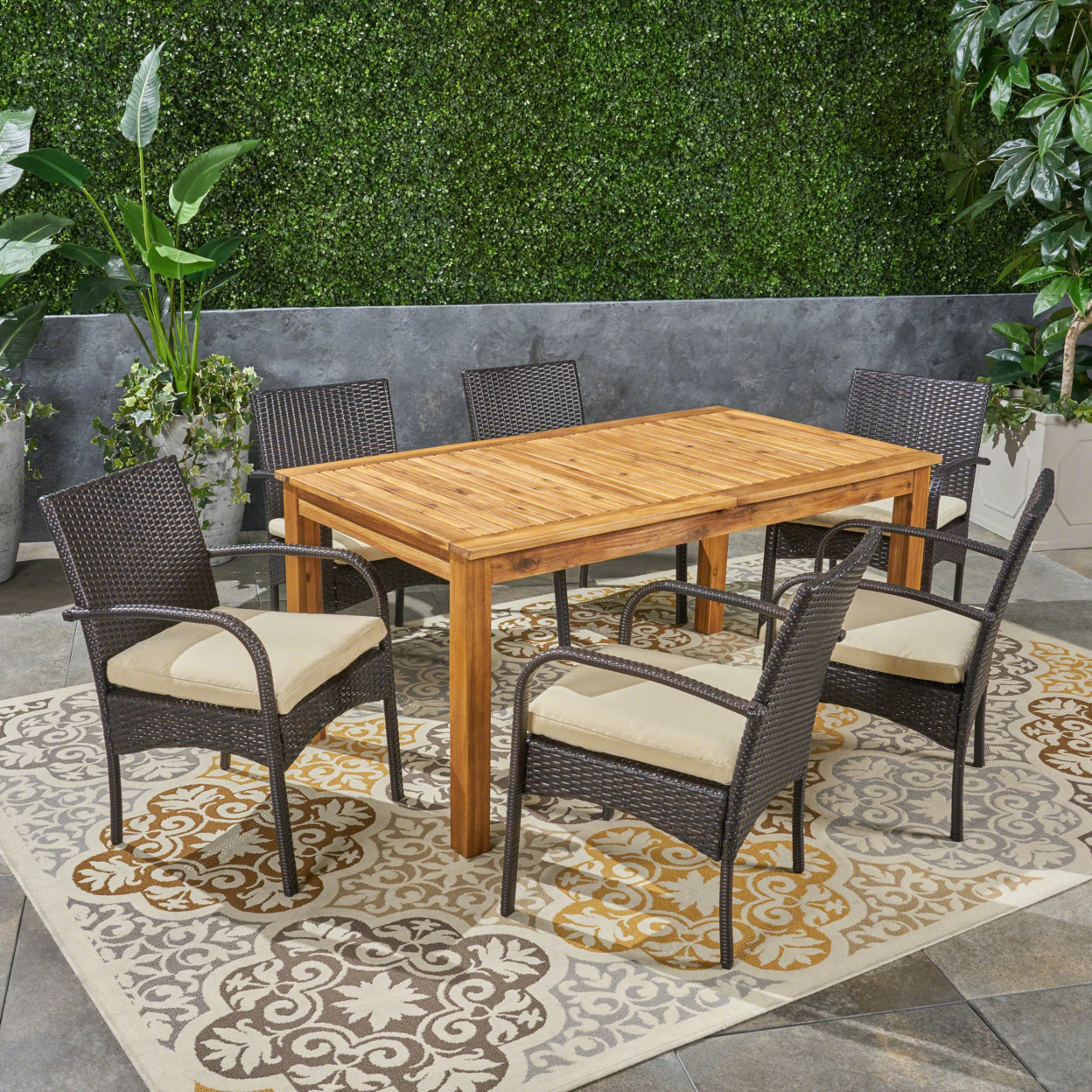 Elis Outdoor 7 Piece Wood And Wicker Expandable Dining Set - Natural + Brown Wicker, Set Of 9