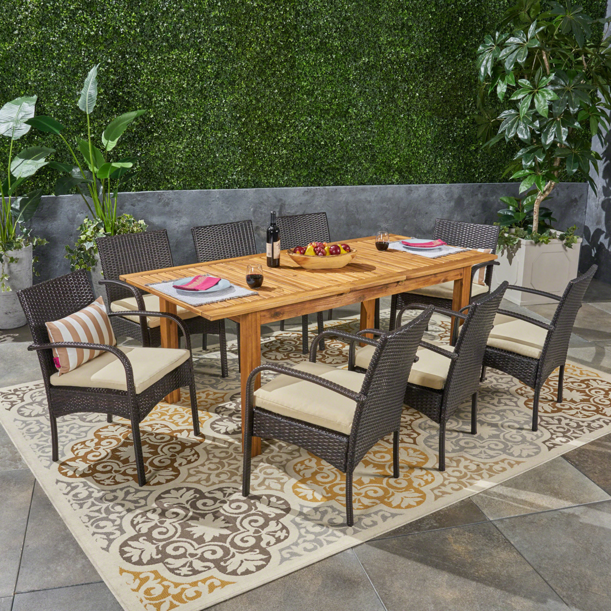 Elis Outdoor 7 Piece Wood And Wicker Expandable Dining Set - Natural + Brown Wicker, Set Of 7