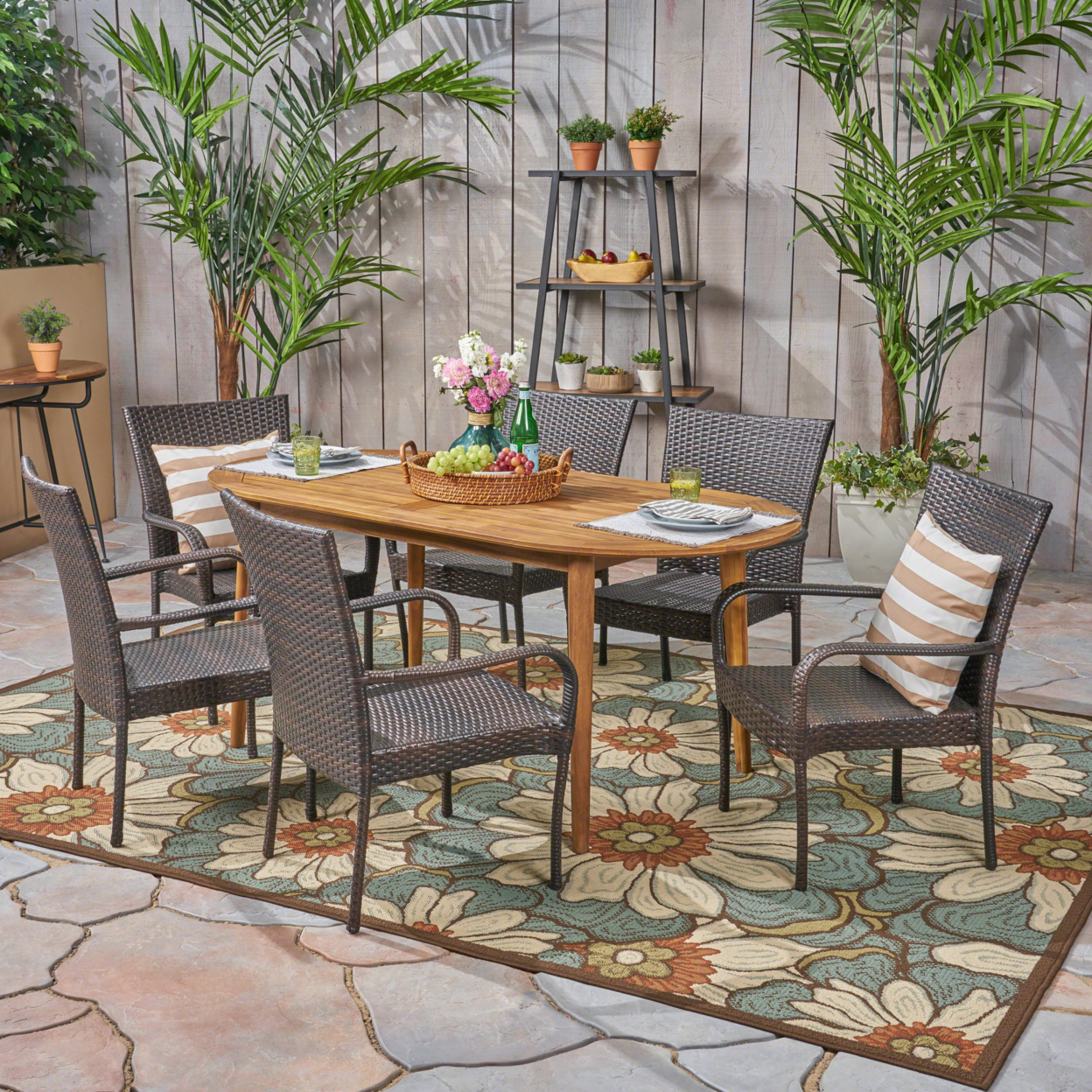 Elle Outdoor 7 Piece Acacia Wood Dining Set With Stacking Wicker Chairs - Teak Finish + Multi Brown