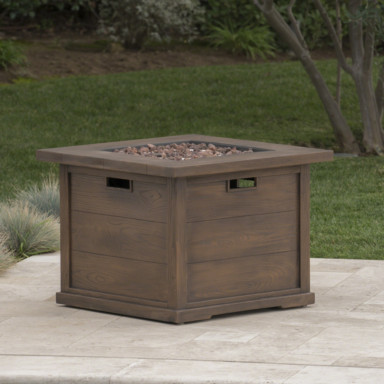 Ellesmere Outdoor Wood Patterned Square Gas Fire Pit - Brown Wood Pattern