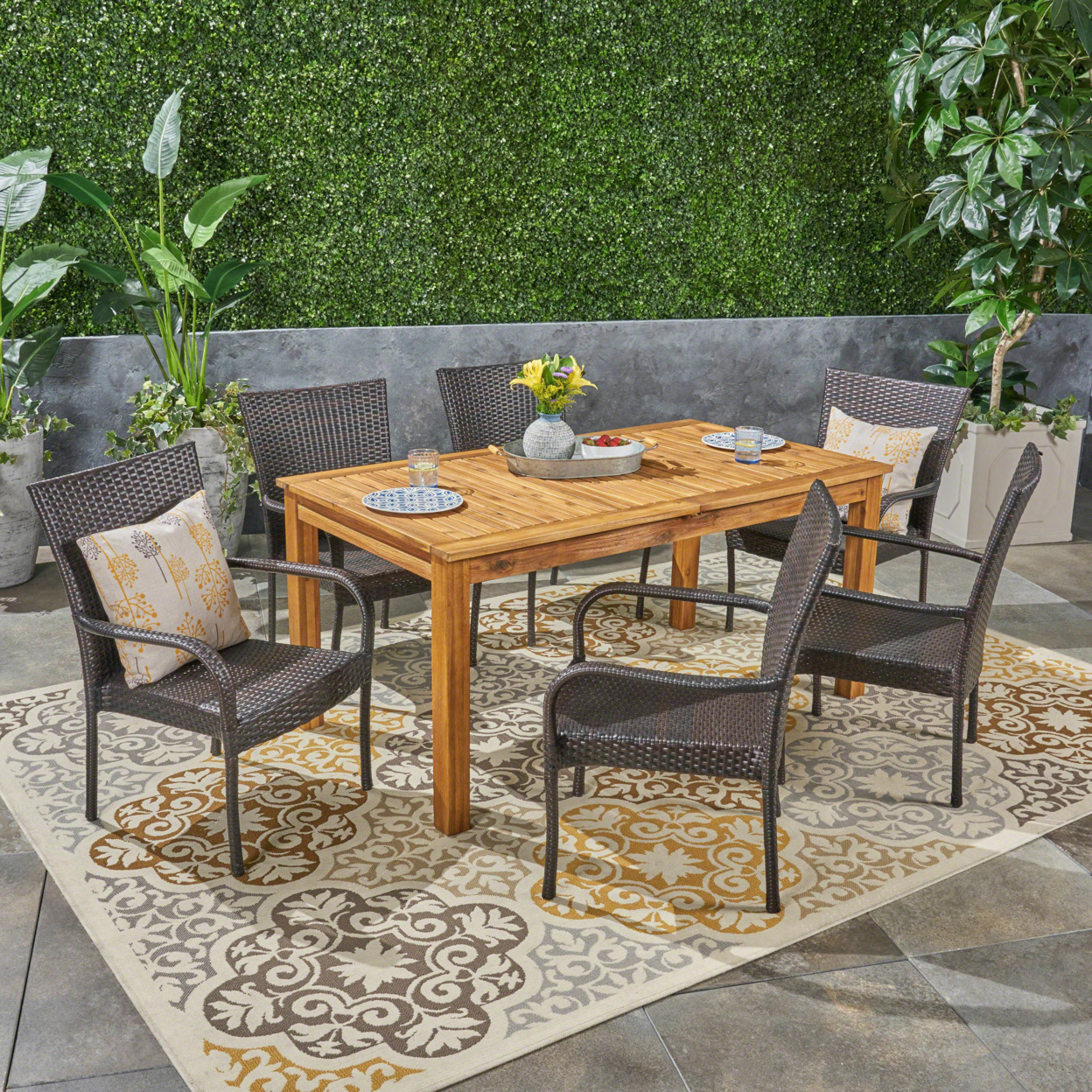 Ellis Outdoor 7 Piece Wood And Wicker Expandable Dining Set - Dark Gray + Gray, Set Of 7
