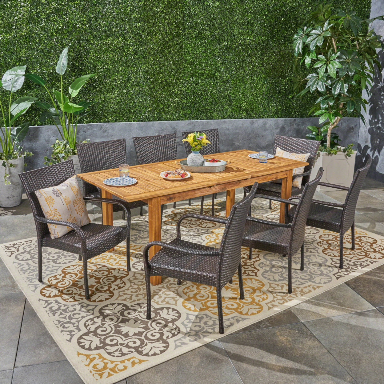 Ellis Outdoor 7 Piece Wood And Wicker Expandable Dining Set - Natural Stained + Brown, Set Of 9