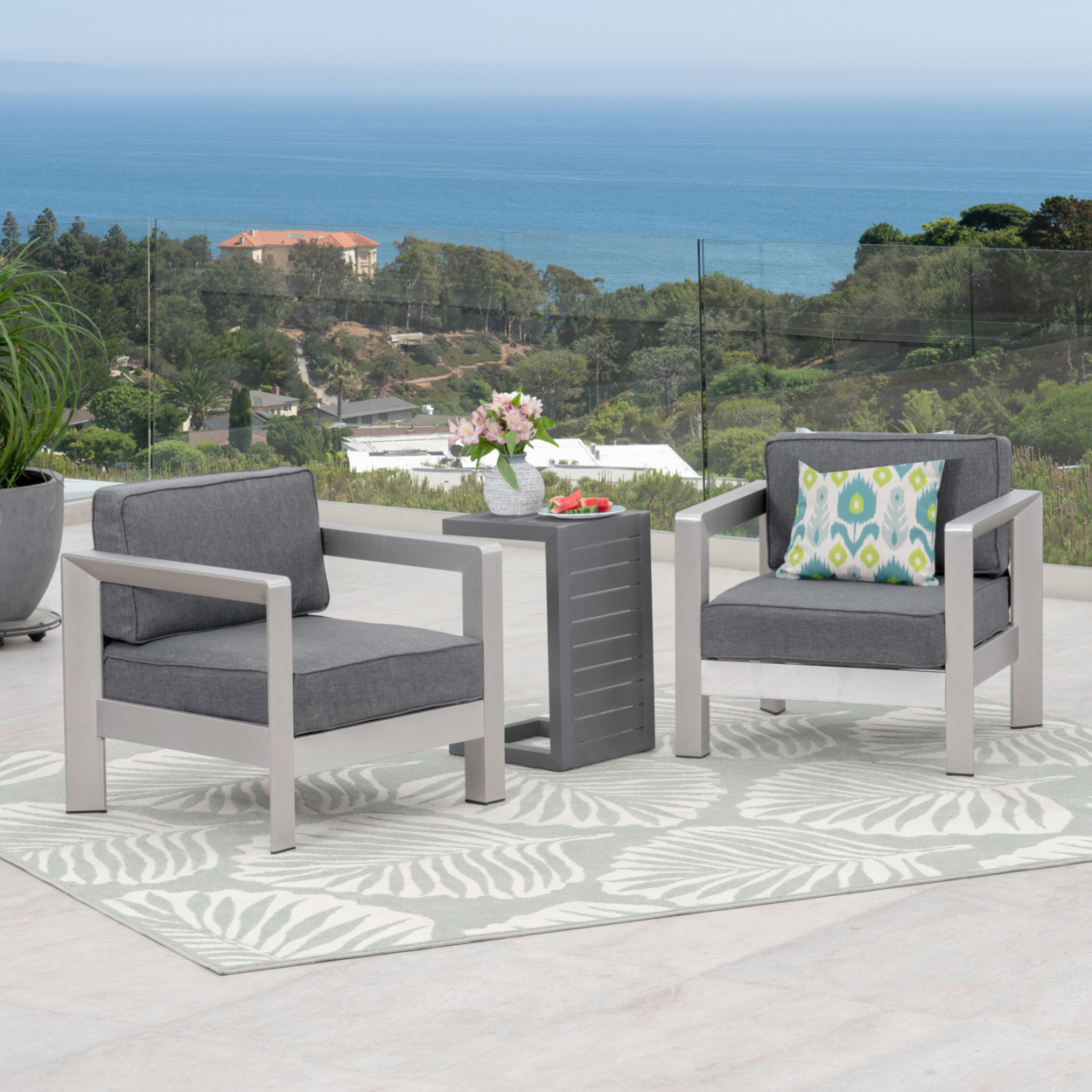Emily 3-piece Outdoor Aluminum Club Chairs With Side Table - Gray, Wicker Table