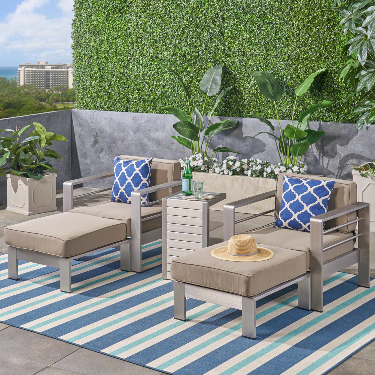 Emily Coral Outdoor Aluminum 2-Seater Club Chair Chat Set With Ottomans And Side Table - Polywood Table