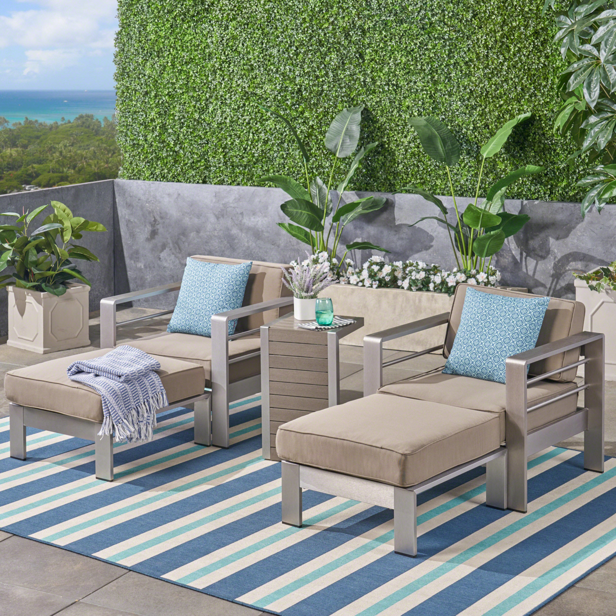 Emily Coral Outdoor Aluminum 2-Seater Club Chair Chat Set With Ottomans And Side Table - Aluminum Table