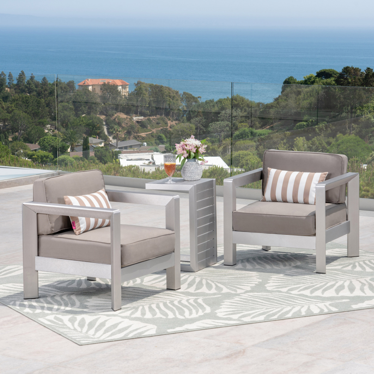 Emily 3-piece Outdoor Aluminum Club Chairs With Side Table - Khaki, Dark Gray Table