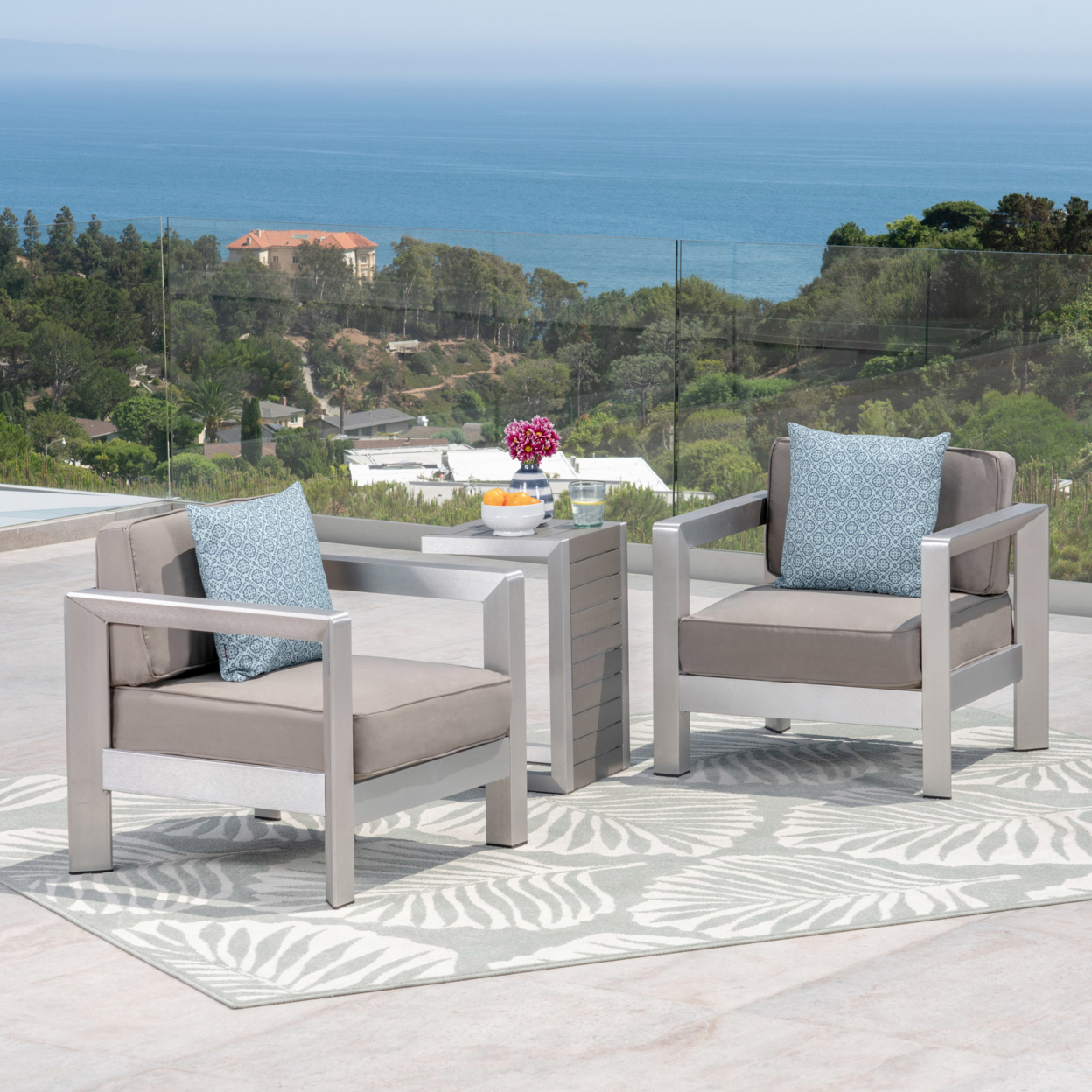 Emily 3-piece Outdoor Aluminum Club Chairs With Side Table - Khaki, Light Gray Table